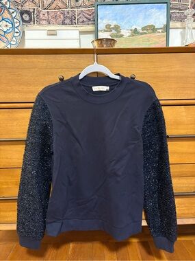 Tory Burch Tinsel Crew Neck Sweater Navy Blue Women’s Small Sweatshirt